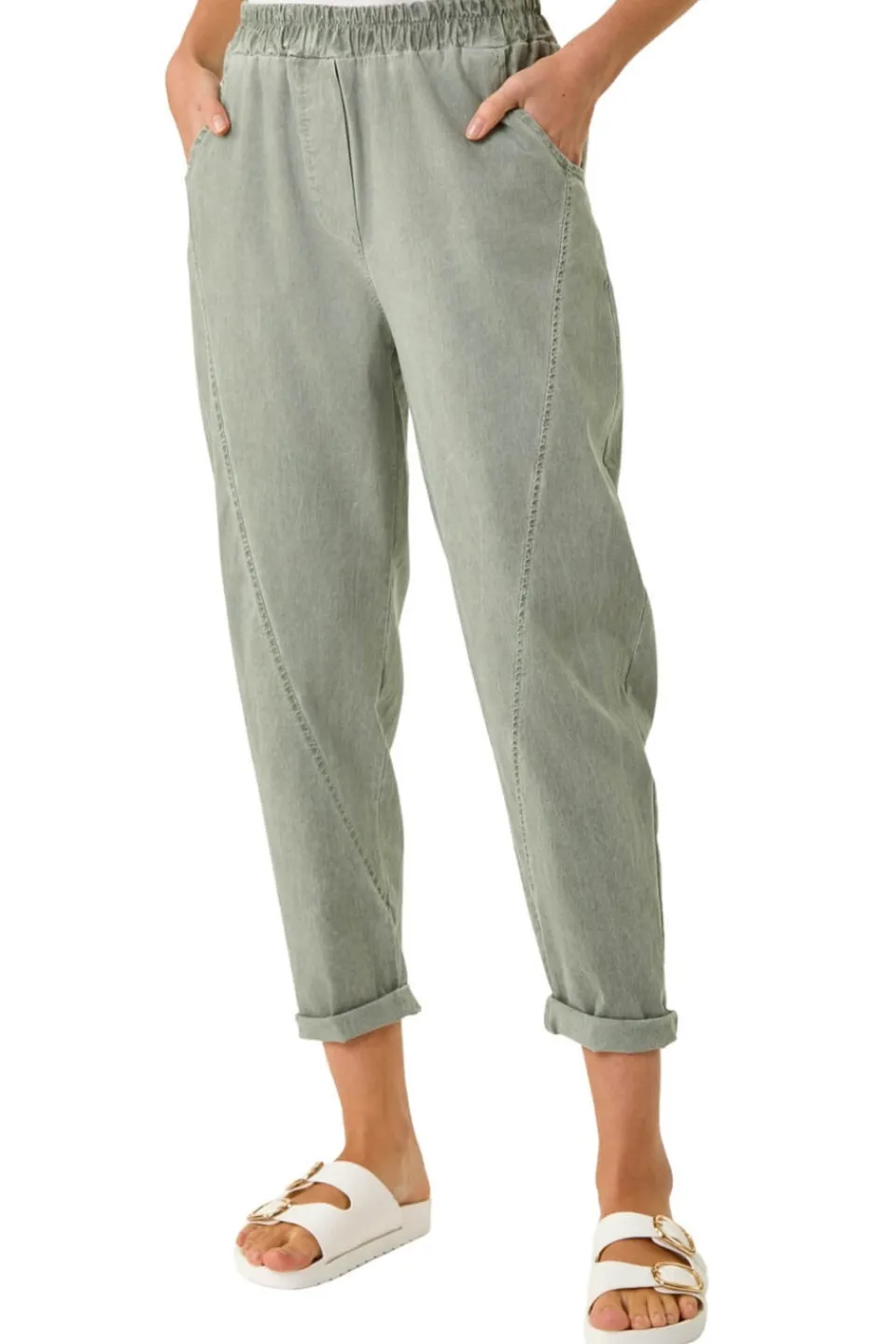 Trousers>Roman Khaki Seam Detail Cropped Stretch Trouser