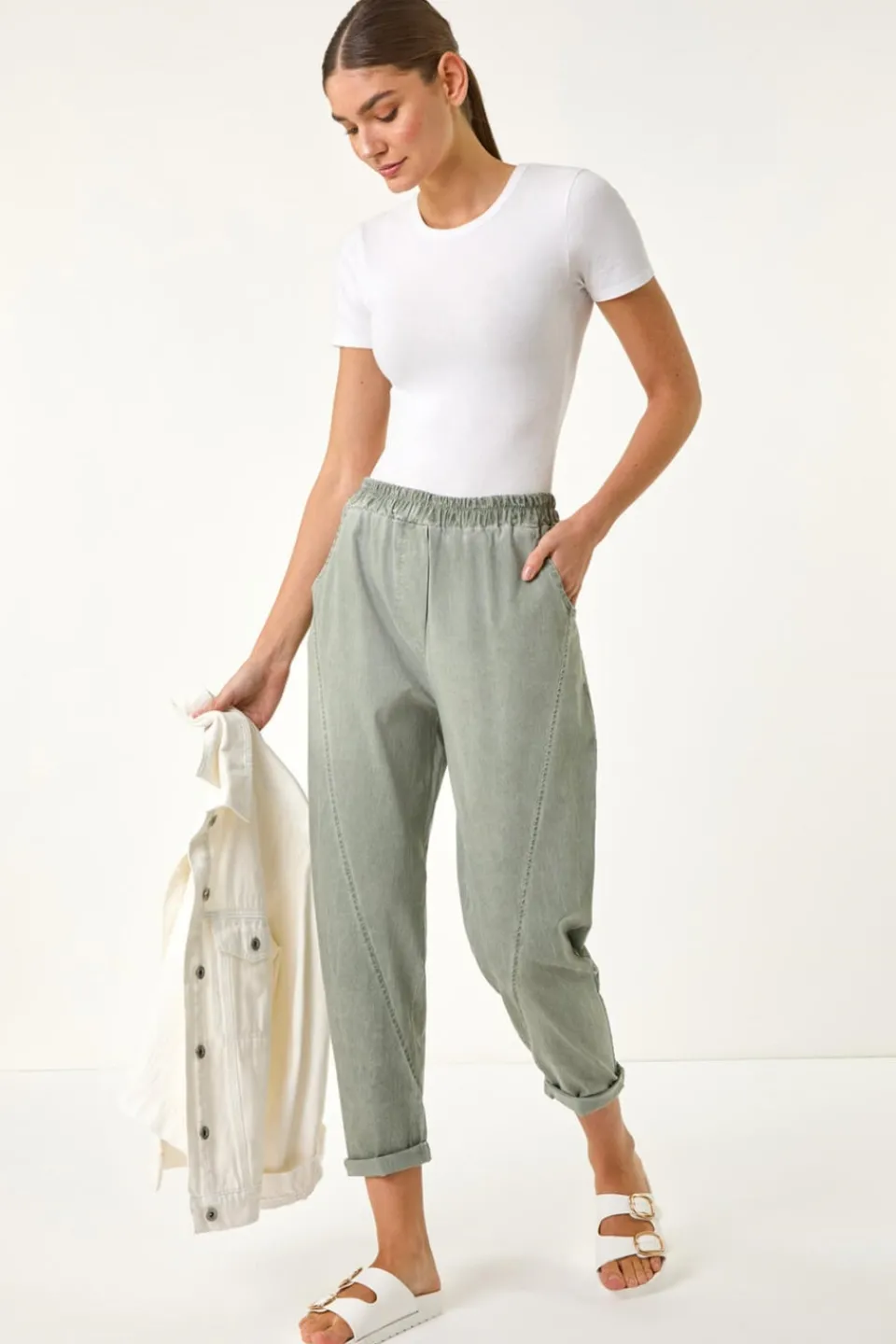 Trousers>Roman Khaki Seam Detail Cropped Stretch Trouser