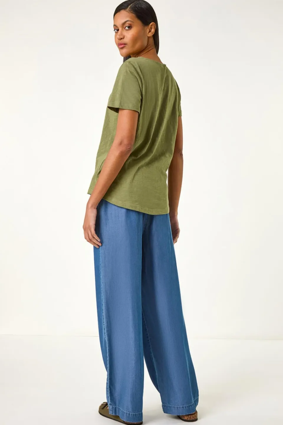 T-Shirts>Roman Khaki Sequin Trim V Neck Stretch Top