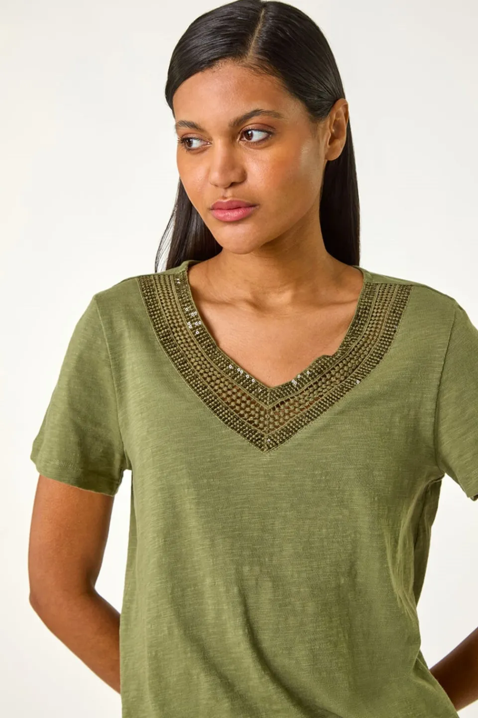 T-Shirts>Roman Khaki Sequin Trim V Neck Stretch Top