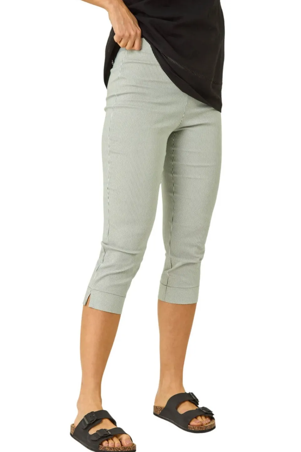 Trousers>Roman Khaki Striped Cropped Stretch Trouser