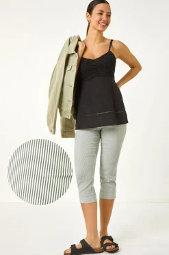 Trousers>Roman Khaki Striped Cropped Stretch Trouser
