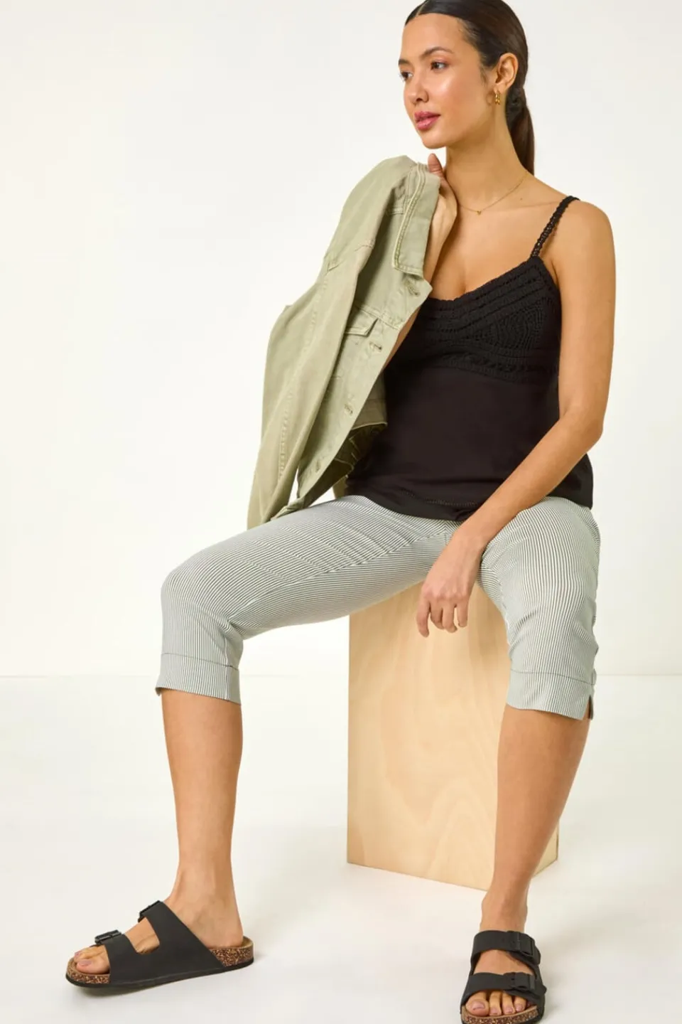 Trousers>Roman Khaki Striped Cropped Stretch Trouser