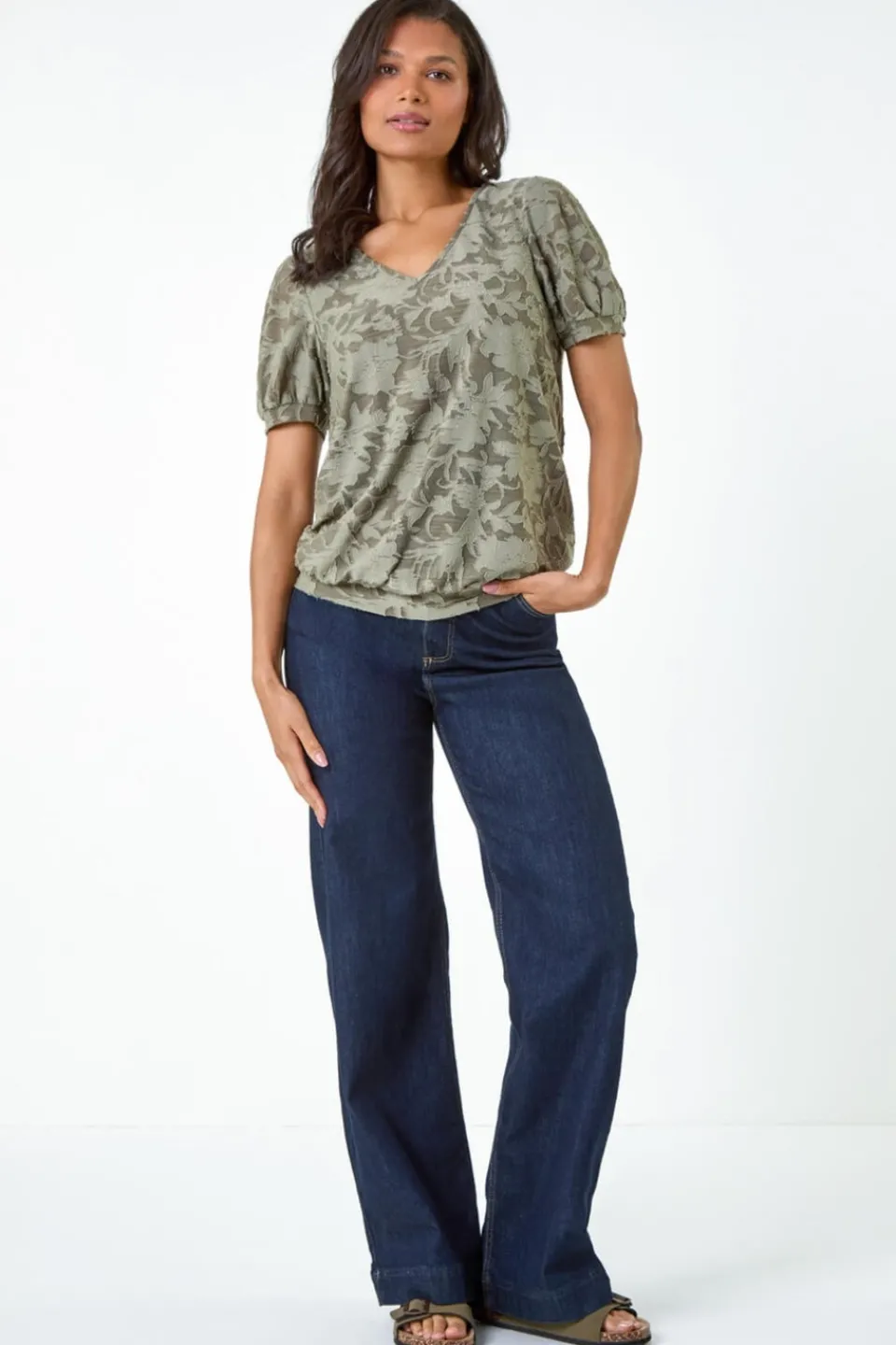 Tops>Roman Khaki Textured Floral Blouson Hem Stretch Top