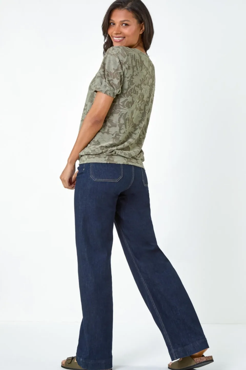 Tops>Roman Khaki Textured Floral Blouson Hem Stretch Top