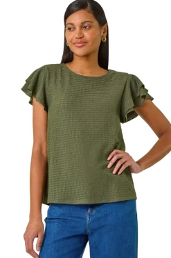 T-Shirts>Roman Khaki Textured Frill Sleeve T-Shirt