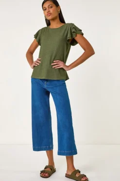 T-Shirts>Roman Khaki Textured Frill Sleeve T-Shirt