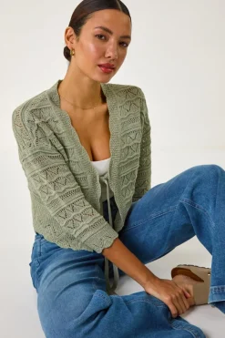 Tops>Roman Khaki Textured Scallop Shrug