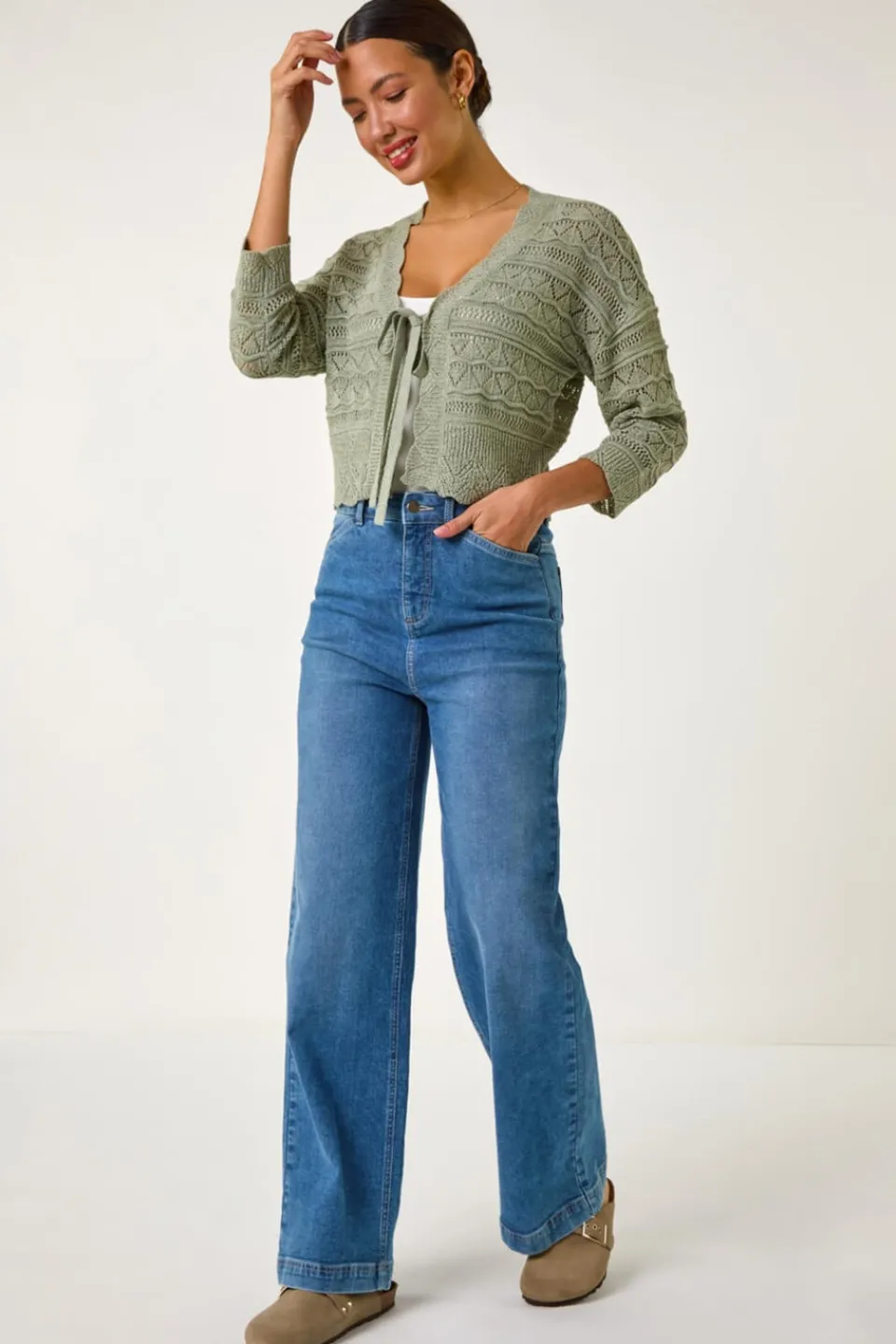 Tops>Roman Khaki Textured Scallop Shrug