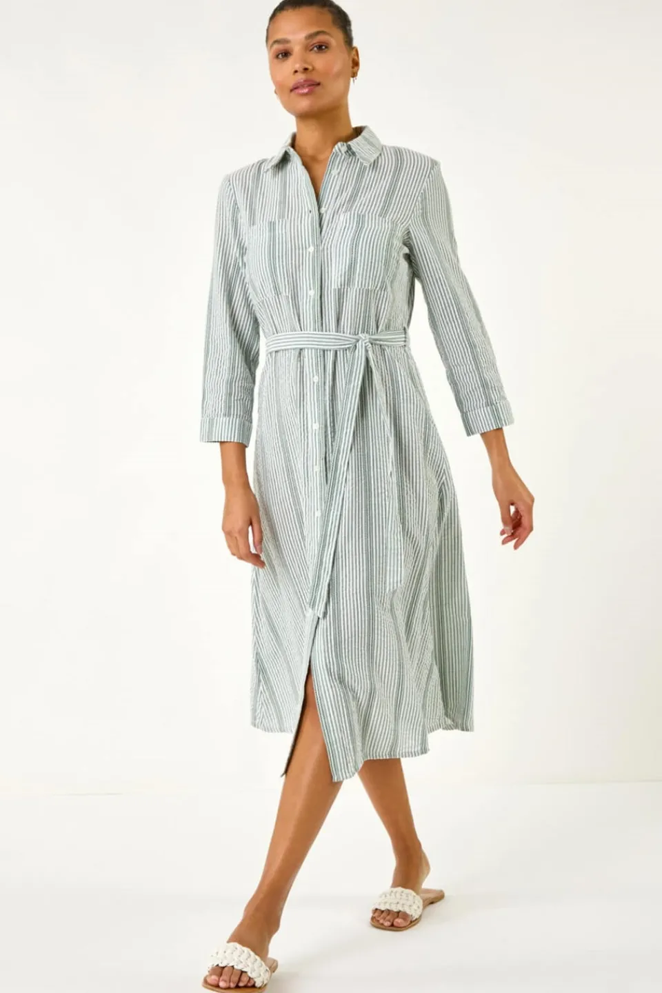 Dresses>Roman Khaki Textured Stripe Belted Shirt Dress