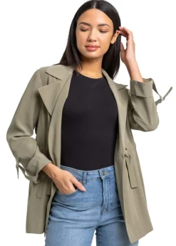 Coats & Jackets>Roman Tie Waist Longline Jacket Khaki