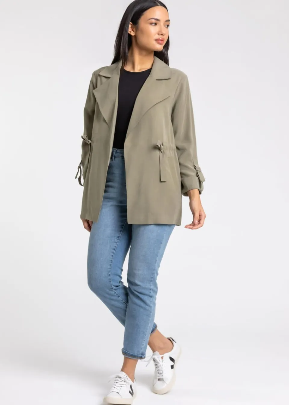 Coats & Jackets>Roman Tie Waist Longline Jacket Khaki