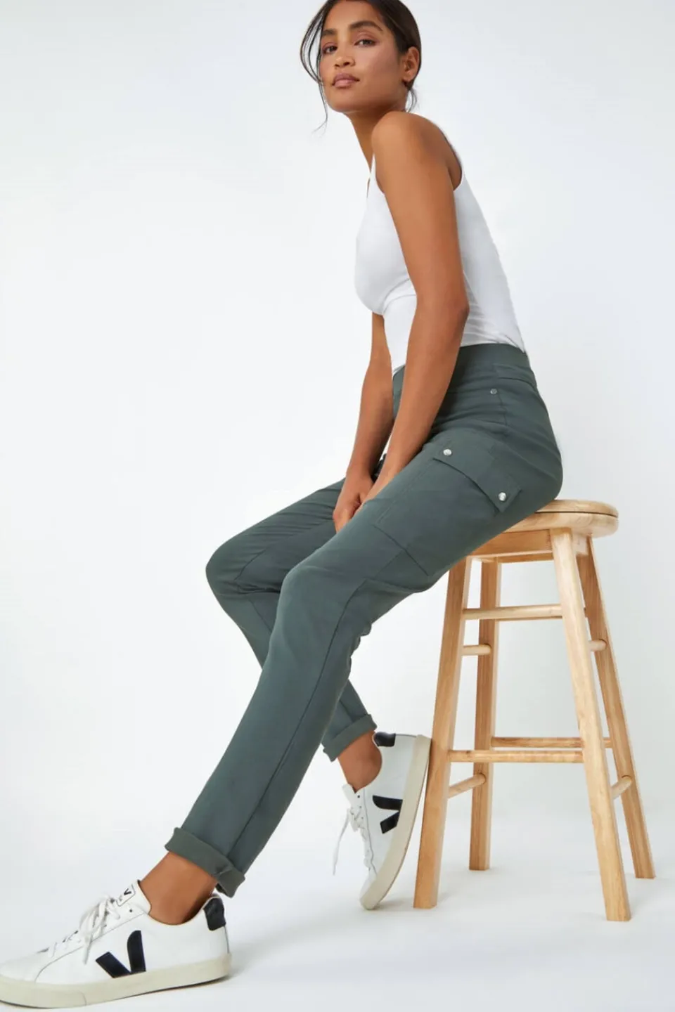 Trousers>Roman Turn Up Stretch Cargo Trousers Khaki