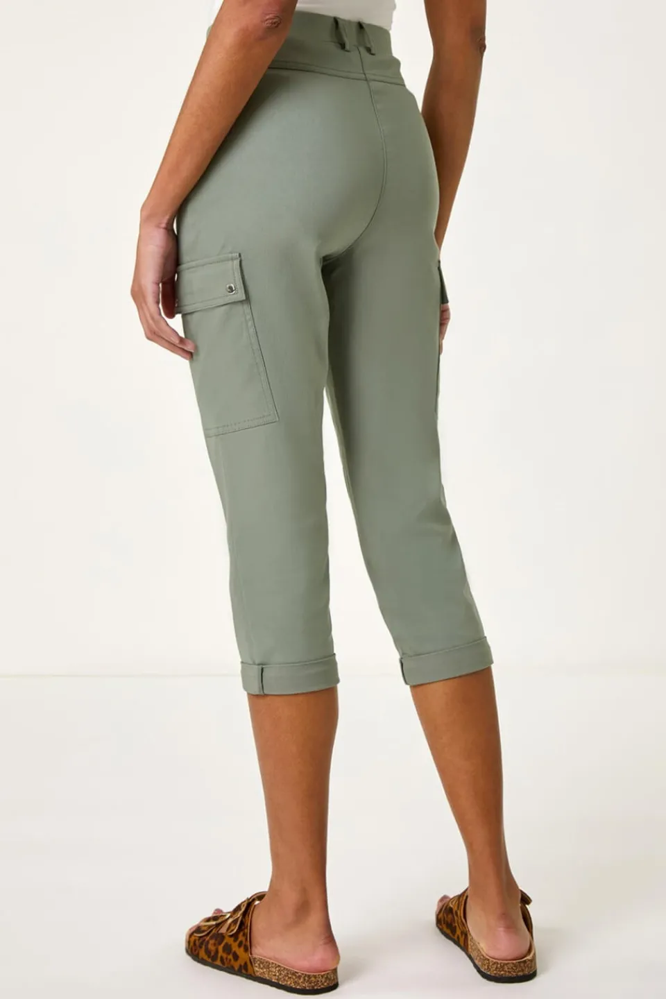 Trousers>Roman Khaki Turn Up Stretch Cropped Cargo Trousers