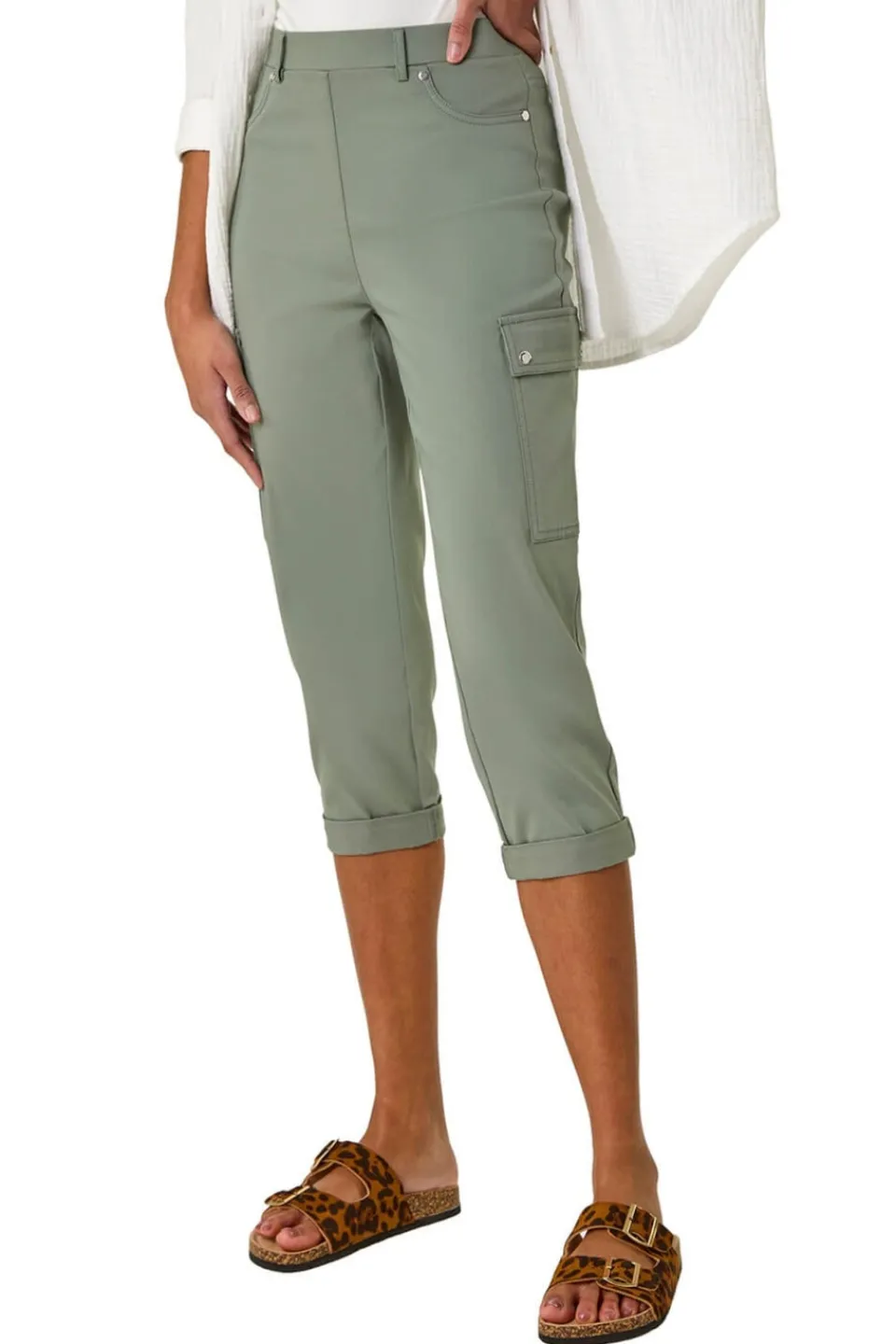 Trousers>Roman Khaki Turn Up Stretch Cropped Cargo Trousers