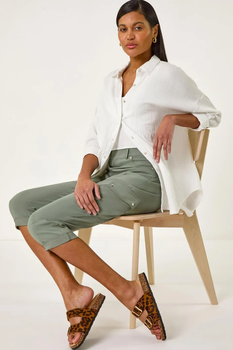 Trousers>Roman Khaki Turn Up Stretch Cropped Cargo Trousers