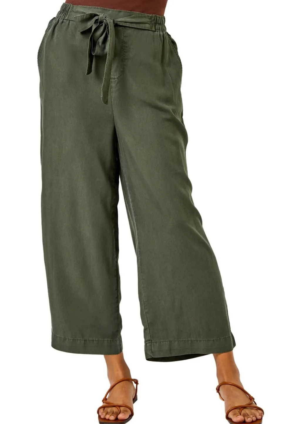 Trousers>Roman Waist Tie Detail Culottes Khaki