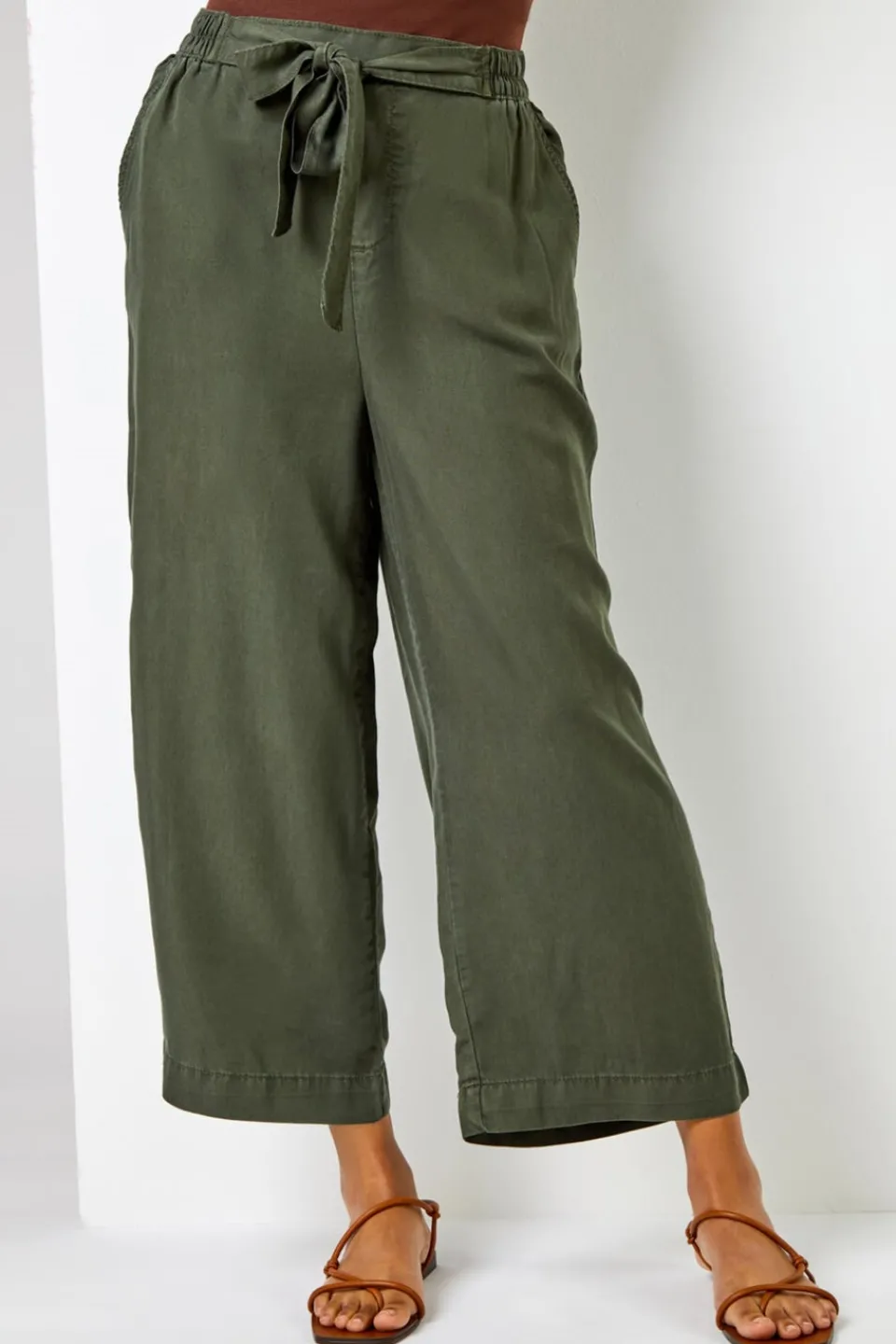 Trousers>Roman Waist Tie Detail Culottes Khaki
