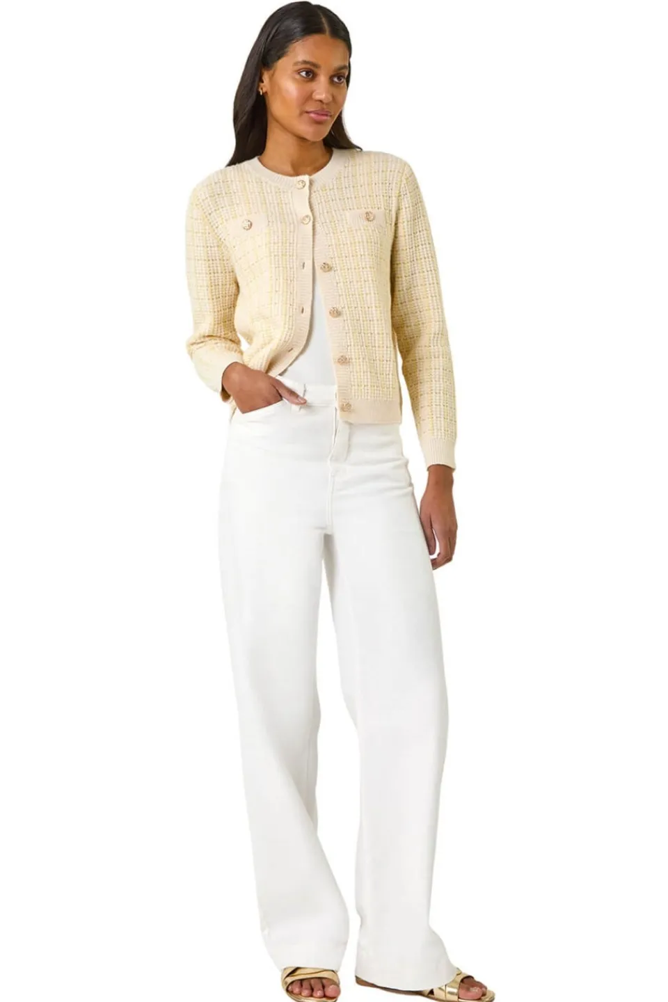 Tops>Roman Lemon Check Textured Button Knit Cardigan