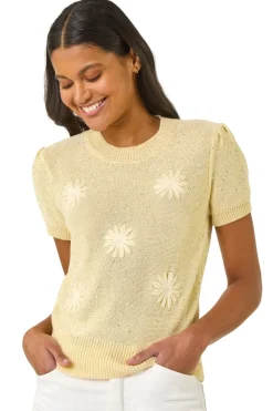 Tops>Roman Lemon Daisy Sequin Embroidered Knit Top