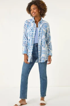 Tops>Roman Light Blue Abstract Print Collared Shirt
