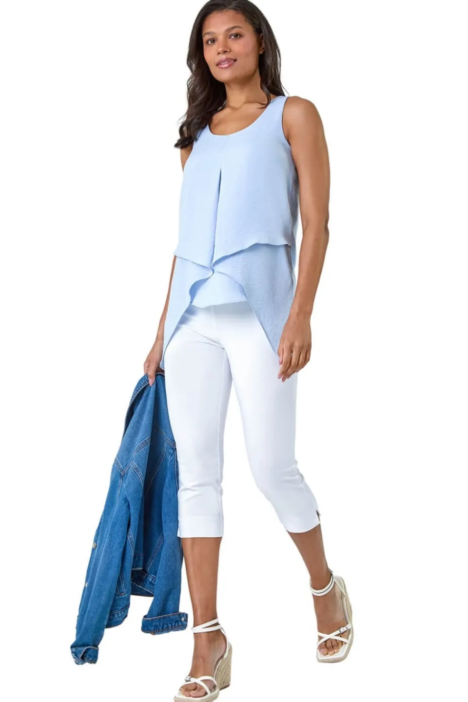 Tops>Roman Light Blue Asymmetric Sleeveless Vest Top
