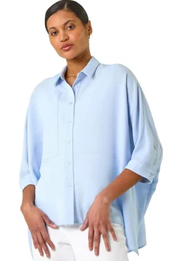 Blouses & Shirts>Roman Light Blue Boxy Relaxed Button Blouse