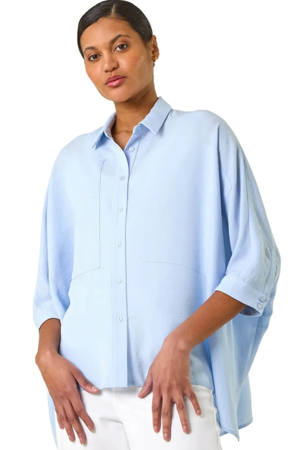 Blouses & Shirts>Roman Light Blue Boxy Relaxed Button Blouse