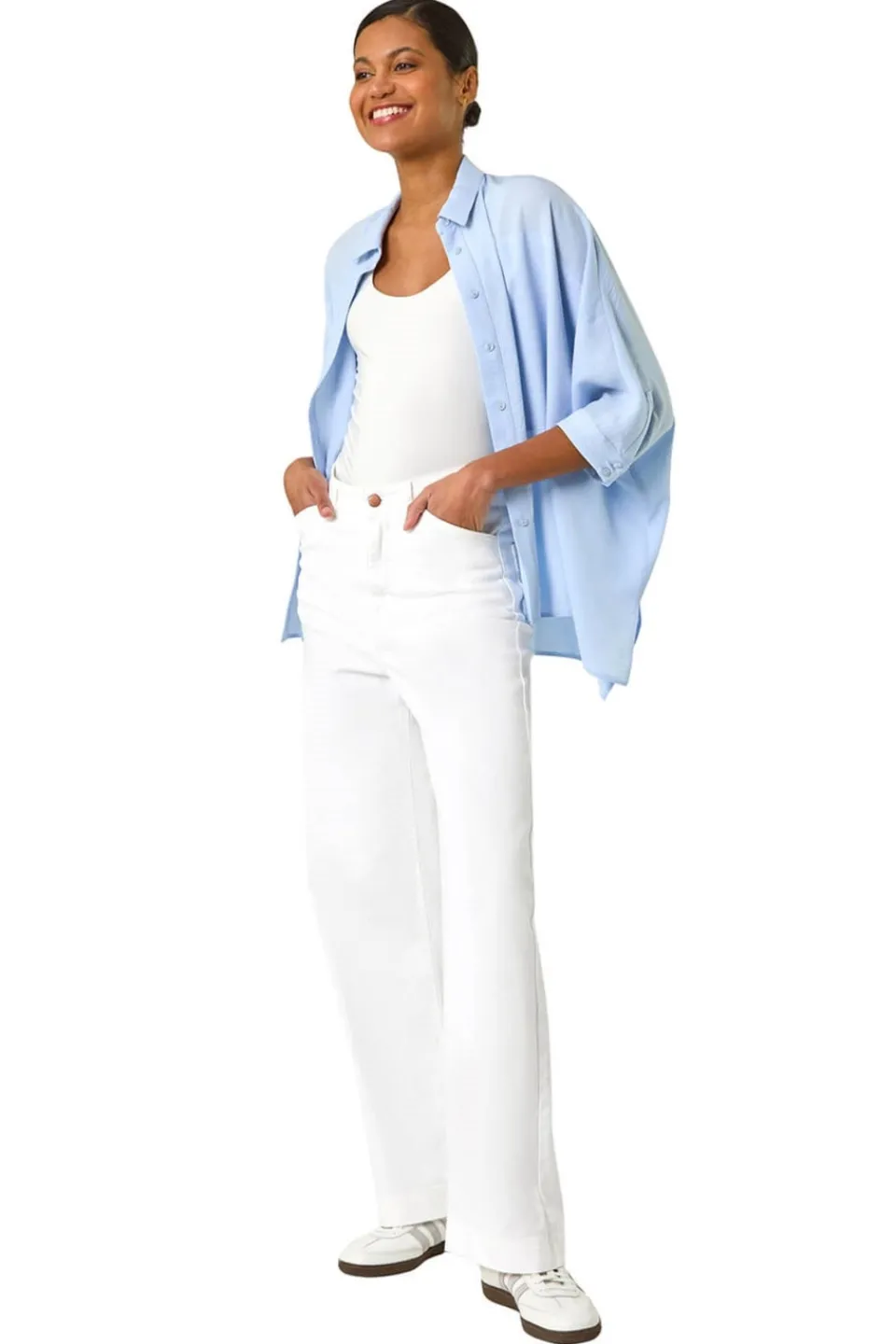 Blouses & Shirts>Roman Light Blue Boxy Relaxed Button Blouse