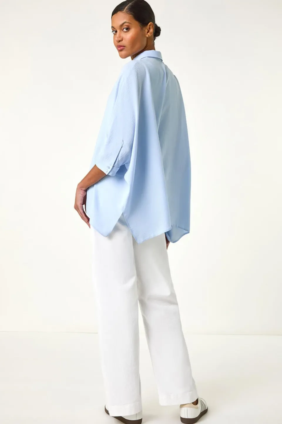 Blouses & Shirts>Roman Light Blue Boxy Relaxed Button Blouse