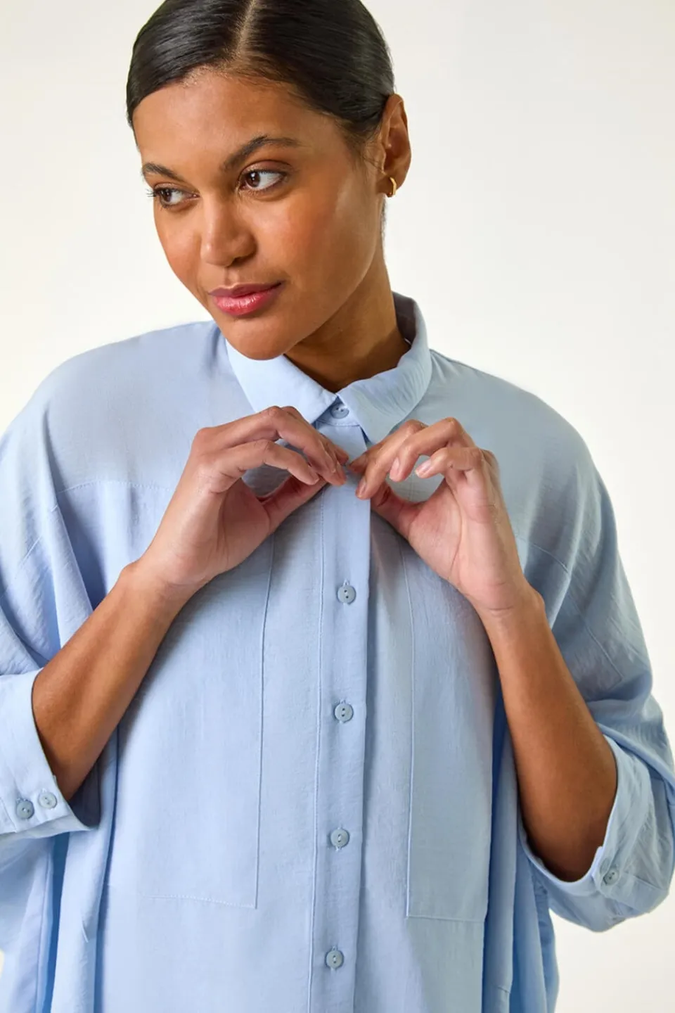 Blouses & Shirts>Roman Light Blue Boxy Relaxed Button Blouse