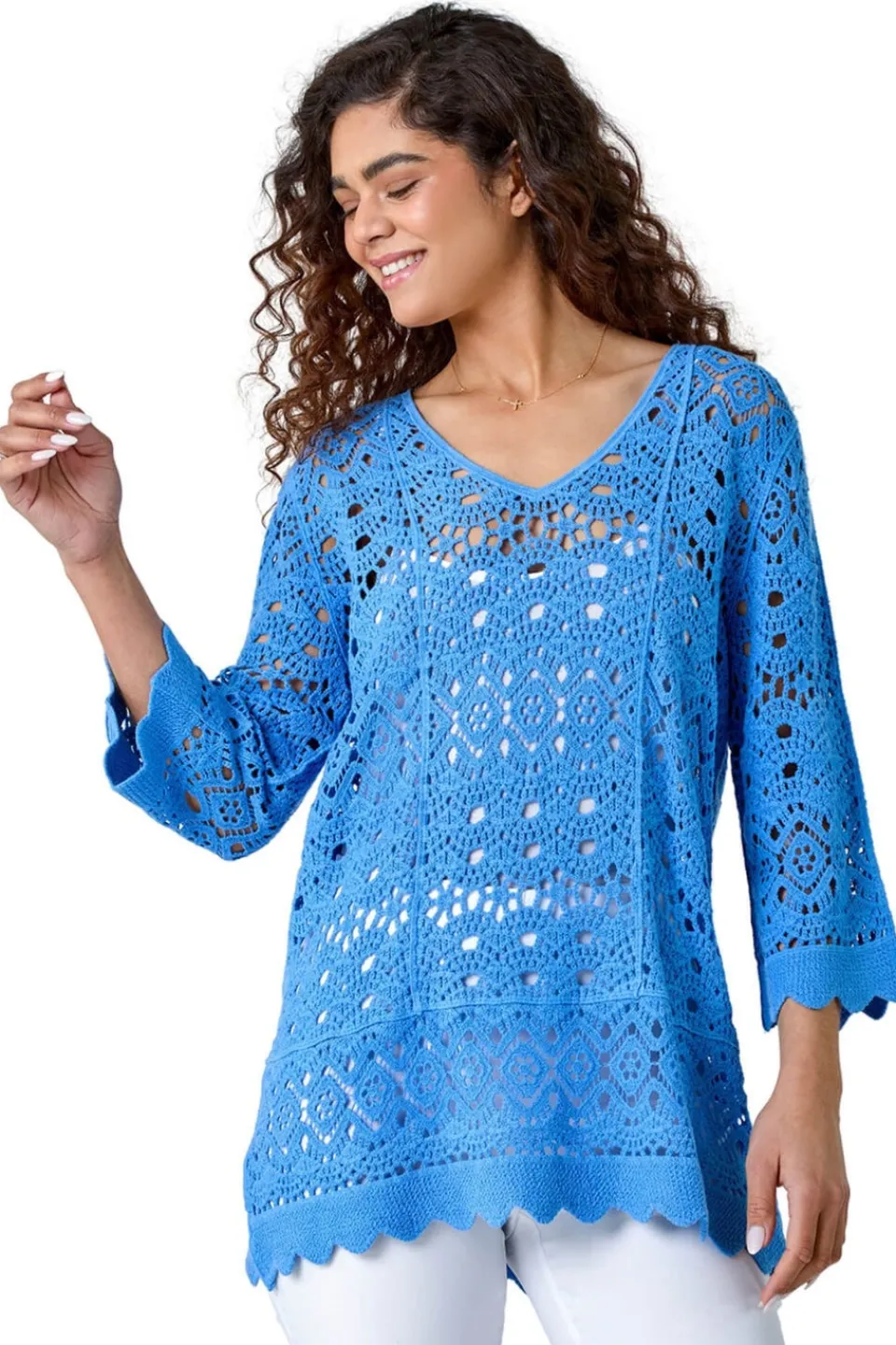 T-Shirts>Roman Light Blue Cotton Crochet Tunic Top LightBlue