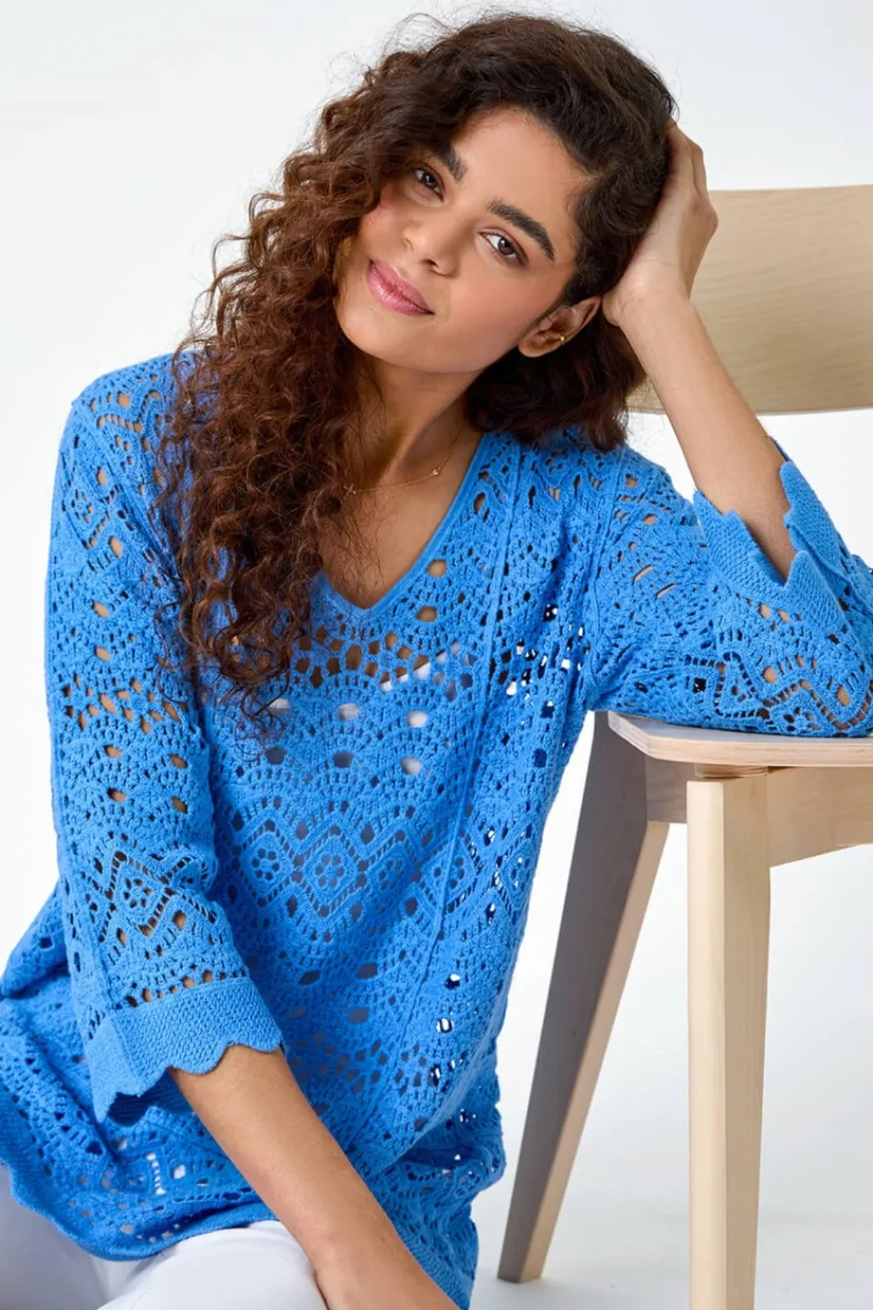 T-Shirts>Roman Light Blue Cotton Crochet Tunic Top LightBlue