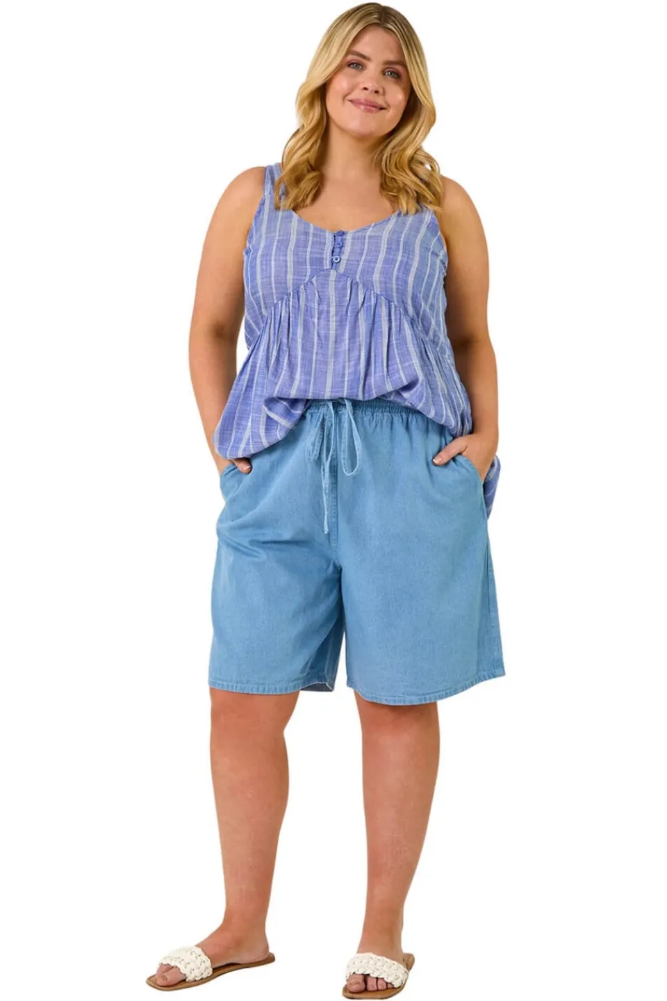 Shorts>Roman Light Blue Curve Tie Waist Denim Short