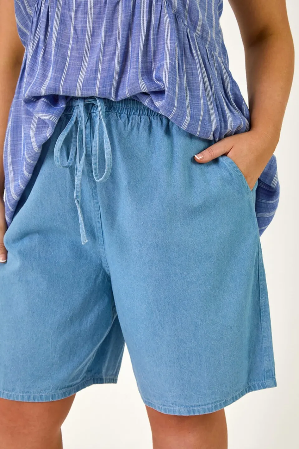 Shorts>Roman Light Blue Curve Tie Waist Denim Short