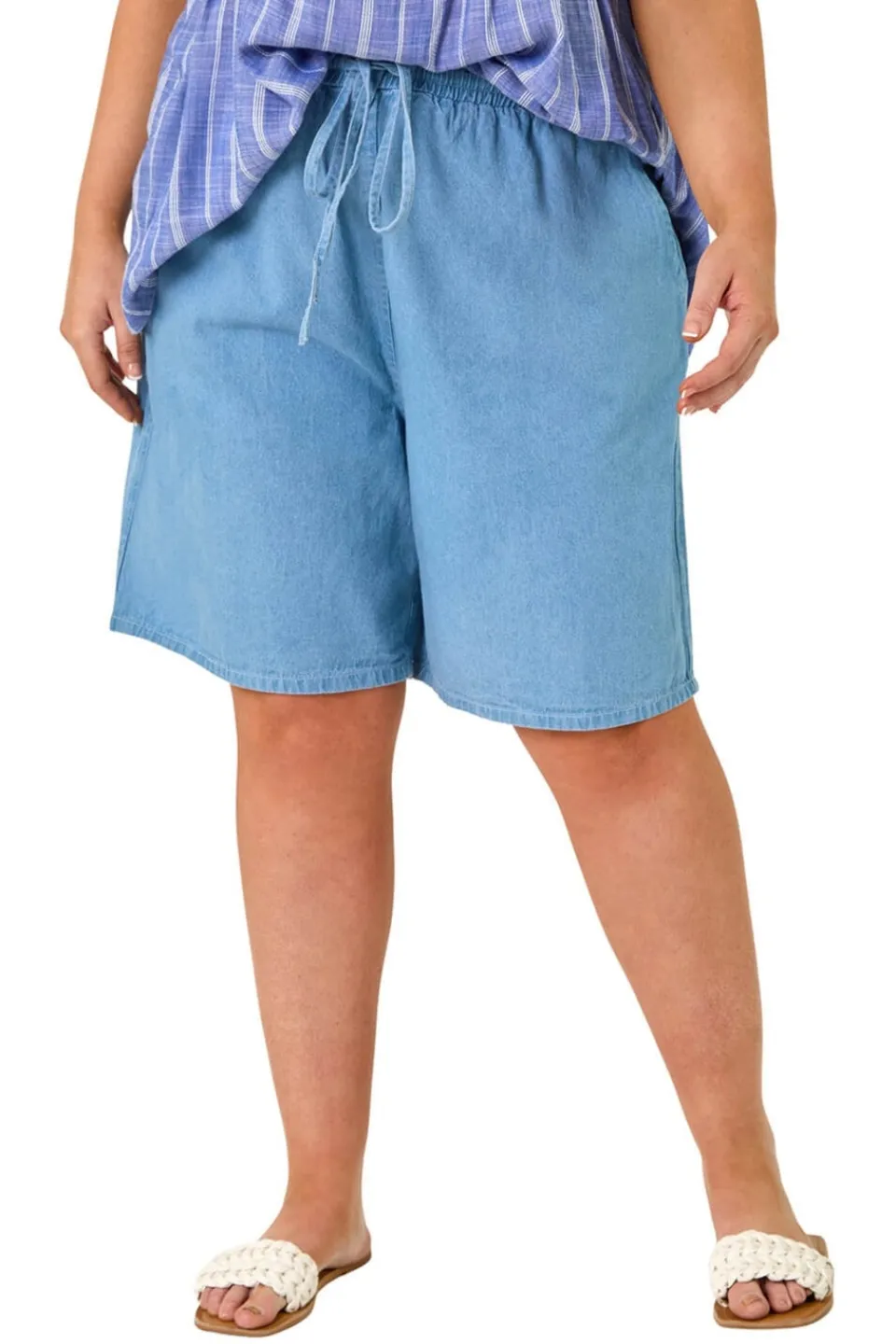 Shorts>Roman Light Blue Curve Tie Waist Denim Short