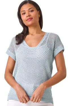 Tops>Roman Light Blue Double Layer Open Knit Top