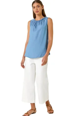 Tops>Roman Light Blue Elasticated Neck Vest Top