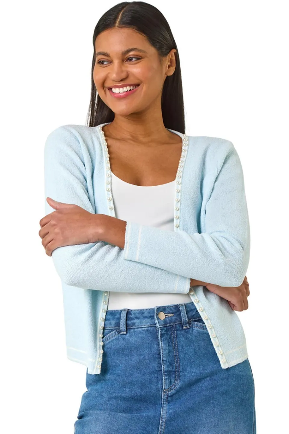 Knitwear>Roman Light Blue Faux Pearl Trim Cardigan
