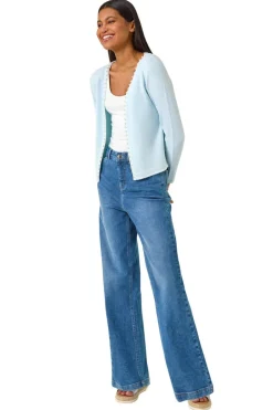 Knitwear>Roman Light Blue Faux Pearl Trim Cardigan