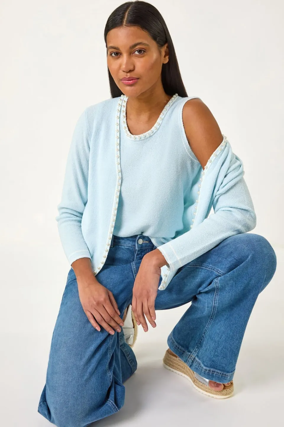 Knitwear>Roman Light Blue Faux Pearl Trim Cardigan