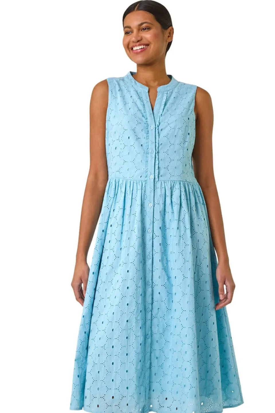 Dresses>Roman Light Blue Floral Cotton Broderie Midi Dress