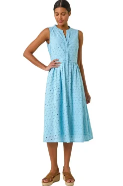 Dresses>Roman Light Blue Floral Cotton Broderie Midi Dress