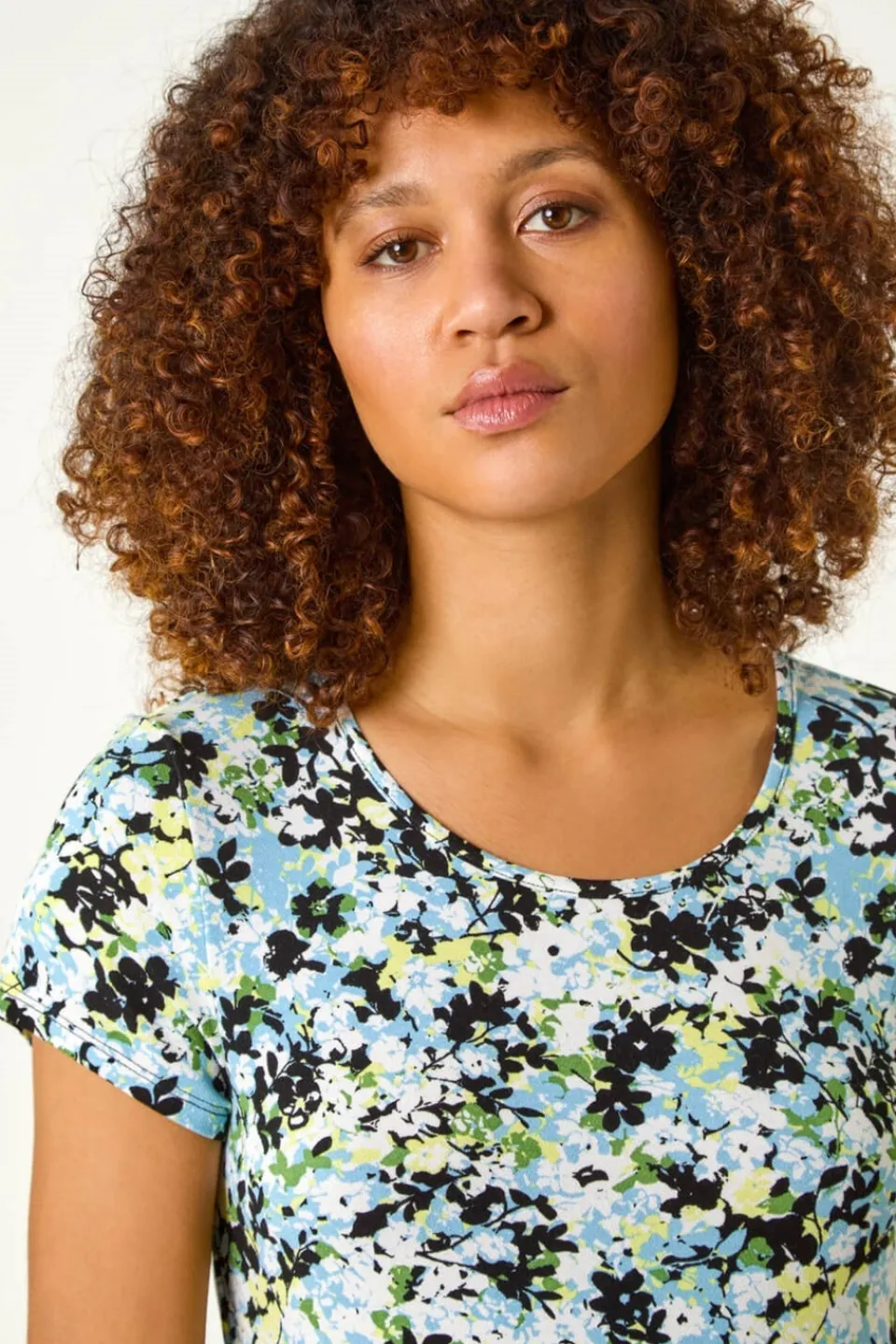 Tops>Roman Light Blue Floral Print Hanky Hem Top