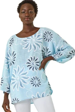 Tops>Roman Light Blue Floral Print Tunic Top