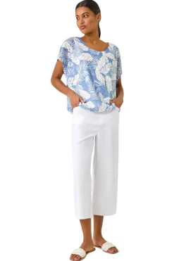 T-Shirts>Roman Light Blue Leaf Print Lace Bubble Hem Top