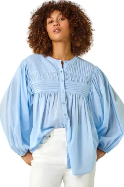 Tops>Roman Light Blue Pleat Detail Button Through Blouse