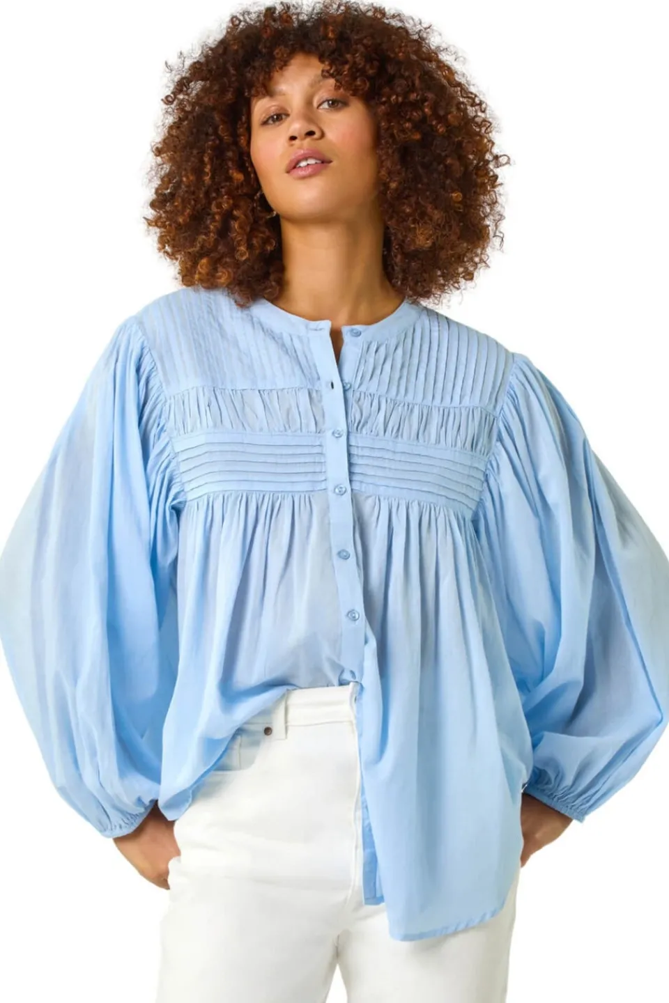 Tops>Roman Light Blue Pleat Detail Button Through Blouse