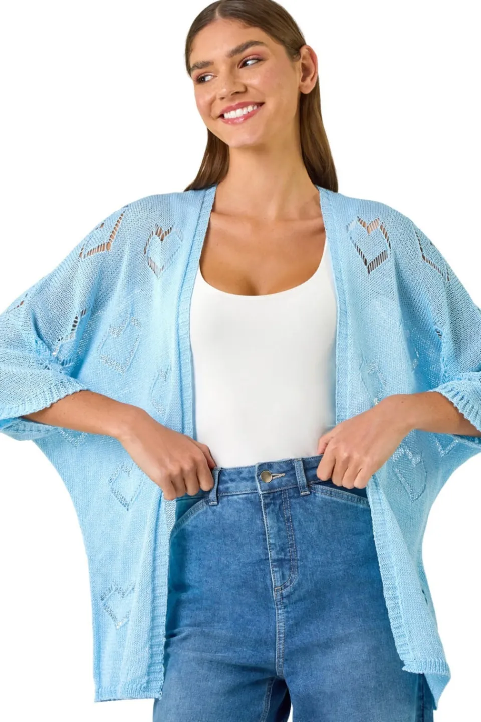 Tops>Roman Light Blue Pointelle Heart Knit Cardigan
