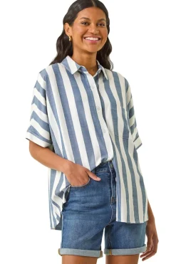 Tops>Roman Light Blue Stripe Print Button Detail Shirt